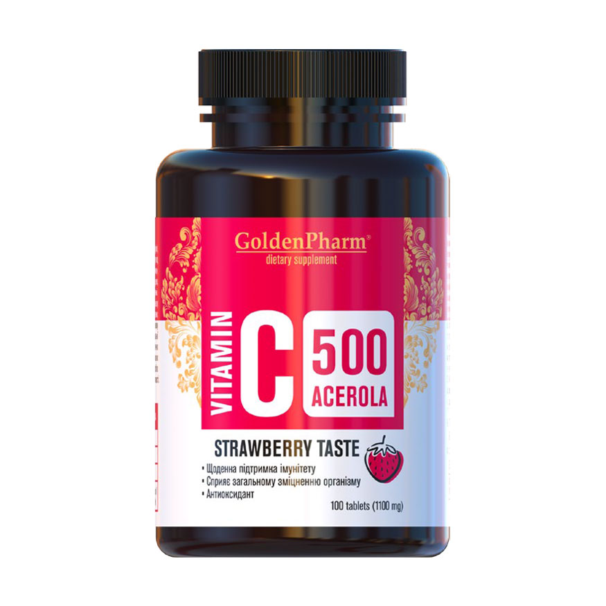 Вітамін C Golden Pharm Vitamin C Acerola 500 мг зі смаком полуниці, 100 таблеток